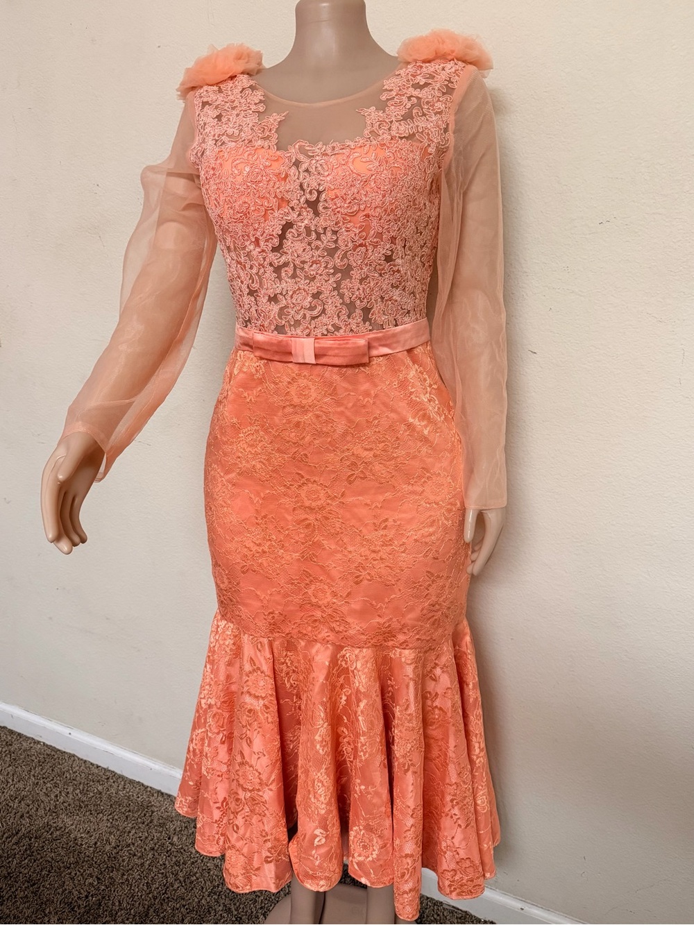 Coral Lace Long-Sleeve Mermaid Dress